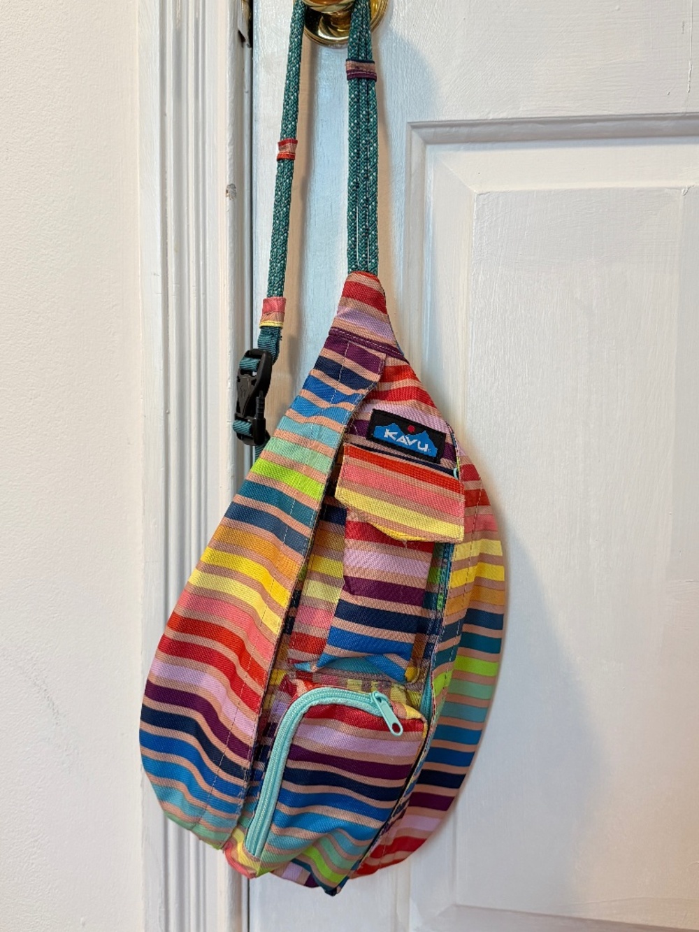 KAVU Mini Rope Sling Pack Adjustable Rope Shoulder Strap Summer Stripe Rainbow